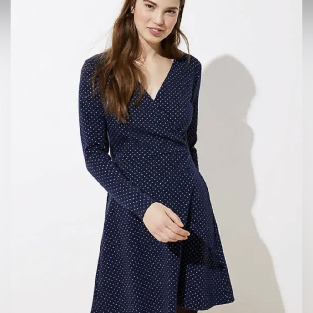 LOFT Navy Blue Polka Dot Long Sleeve Dress Size 8
